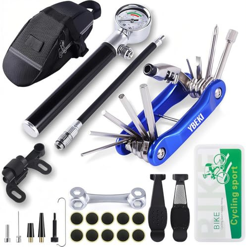 YBEKI Fahrrad Reparaturset mit 210 PSI Mini Pumpe & 10-in-1 Multitool – Inklusive Kettennieter, klebefreie Flickzeug, Reifenheber & Tasche – Für Rennrad, Mountainbike & BMX (Schwarz)