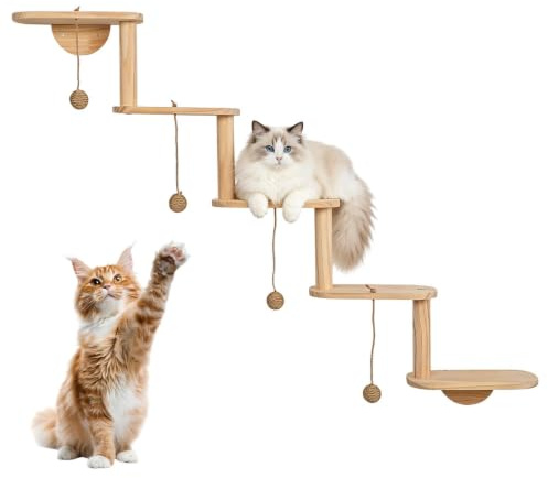 Kattsteg för väggen – klätterställning för klöande av trä | Kattmöbler med kattleksaksboll för inomhus-/utomhus-tak-hörndörr
