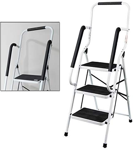 Escabeau à 3 marches avec rampe de sécurité, bande de roulement antidérapante, escabeau pliable portable, acier robuste robuste, capacité maximale de 150 kg, idéal pour la maison/cuisine/garage