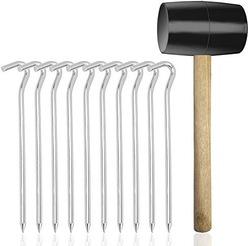 SourceTon Set mit 11 robusten Zeltheringen mit Gummihammer, 10 Stück verzinkter Stahl-Heringe (17,8 cm) und 1 Stück Gummihammer für Outdoor-Camping