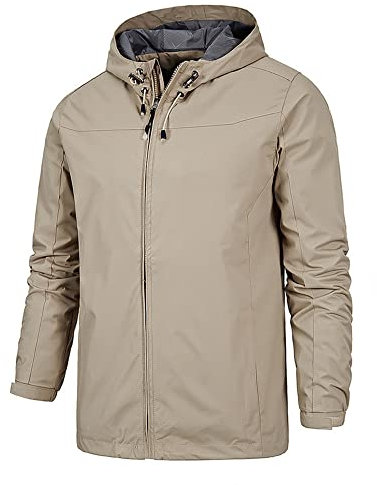 MakingDa Outdoor Waterproof Jackets Men Hooded Windproof Rain Coat Zip Pockets Slim Fit Hiking Work Fishing Everyday Wear Windbreaker-Khaki-XL