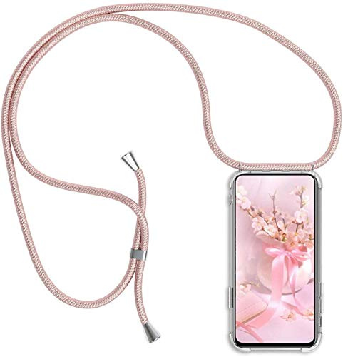 Mobilkedja kompatibel med Xiaomi Mi 9T/9T Pro/Redmi K20/K20 Pro mobiltelefonfodral transparent silikon skyddsfodral – halsband med band mobiltelefonkedja fodral med halsband snöre med kedja att hänga upp, rosa