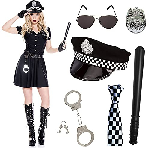 Police Costume 6 Piece Accessories Set, for Fancy Dress Party with Adult Police Hat, Badge, Tie, Plastic Baton, Handcuffs for Men or Women Cop Swat FBI Halloween Party Dress up Festival Costumes
