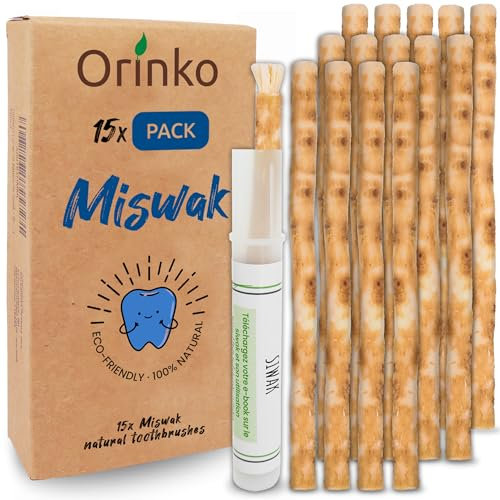 ORINKO 100% Natürliche Miswak Zahnbürste – Set mit 15 Siwak Sticks & Schutzhalter für Weiße Zähne & Frischen Atem