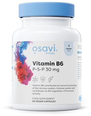 Osavi Vitamin B6 P–5–P 30mg – 60 Vegan Capsules | Active Coenzymatic Form of Pyridoxal–5’–Phosphate | High Potency 18 mg Vitamin B6 per Capsule | Clean Label, Vegan Friendly