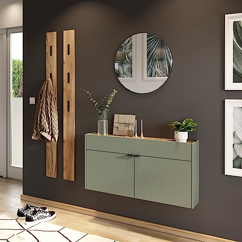 Lomadox Garderobe Flurgarderobe schmal in grün mit Eiche modern 4-teilig mit 2 Garderobenpaneelen, 1 Schuhschrank, 1 runder Spiegel