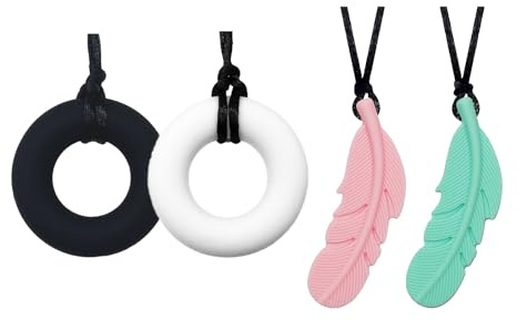 Set di 4 collane massaggiagengive a forma di ciambella e piuma, morbide, strumento sensoriale per bambini con dentizione, ADHD, autismo, bisogni di mordere, capacità motorie orali, rimorchi da