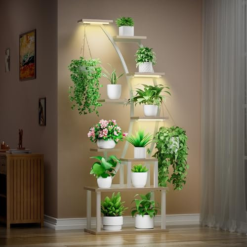 BACEKOLL Plant Stand Indoor with Grow Lights, 9 Tiered Metal Plant Shelf, 63 Tall Plant Stand for Indoor Plants Multiple, Large Plant Rack Display Shelves, Corner Plant Holder for Home, Patio (White)