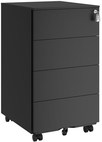 SONGMICS Schubladenschrank, Rollcontainer, mobiler Aktenschrank, Metallschrank, Druckertisch, abschließbar, 4 Schubladen, vormontiert, Büro, Homeoffice, 45 x 39 x 69 cm, tintenschwarz OFC064B16