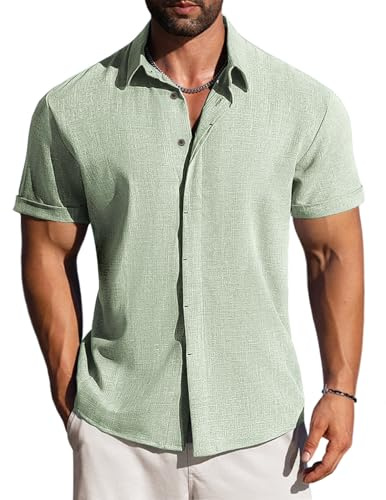LETSEE Linen Shirts for Men Short Sleeve Button Down Casual Beach Summer Hawaiian Dress Shirt Clothing, Sage Green, Large