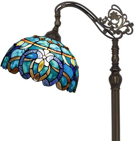ZJART Tiffany Floor Lamp Stained Glass Lamp 18.88X12X67 Inch Angle Adjustable Arched Gooseneck Antique Reading Light (Green Brown Jewelry Baroque)