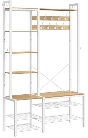 VASAGLE Garderobenständer mit Schuhbank, Garderobe, 5 Regalebenen aus Spanplatten, 9 Dreifach-Haken, 6 seitliche Haken, 40 x 120 x 190 cm, goldeichenfarben-wolkenweiß HSR426Y01