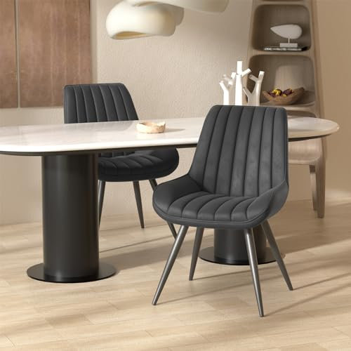 Hawthyhome Esszimmerstühle 2er Set | Polsterstühle mit 5 cm Sitzkissen • künstlicher Stoff Dining Chair • Küchenstuhl mit Rückenlehne • Moderne Sessel • Metallbeine • Schwarz FU01043BL-2