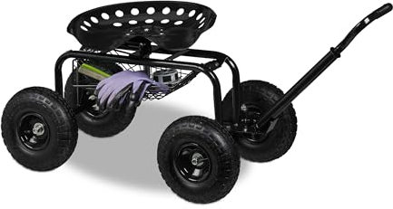 Relaxdays fahrbarer Gartensitz, höhenverstellbar, 150 kg, Stauraum, Rollsitz Gartenarbeit, Stahl, Luftreifen, schwarz