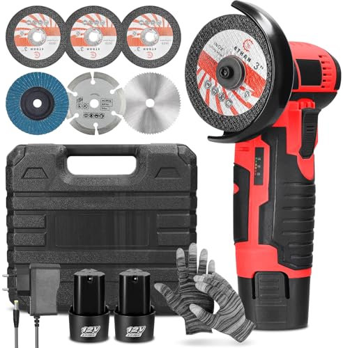 Smerigliatrice a Batteria, Smerigliatrice Angolare con 2 Batterie da 2000mAh & 6 Vassoi di Taglio, Mini Smerigliatrice Angolare a Batteria per Tagliare, Lucidare e Levigare - Rosso