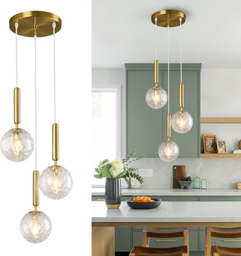 ZPBSJ Modern guld pendellampa köksö mitten av århundraden hängande lampor med vit kristallklar glaskula hängande ljus för matsal badrum(3-ljus)