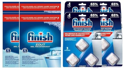 FINISH Pack Sel Regénérant 4x4kg + Nettoyant machine pendant le cycle 4x3 tablettes