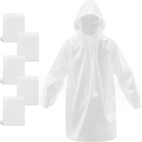 JITIFAZH Rain Ponchos Disposable for Adults, 5 Pcs Clear Family Pack Raincoats with Hood for Disney Travel (Transparent-Pullover)