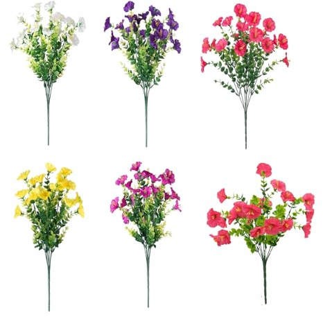 THINTON 6 Bundles Artificial Flowers Outdoor UV Resistant False Flowers, 6 Colors Faux Plastic Plants for Outdoor & Indoor, Realistic Fake Flowers for Garden, Patio, Porch, Planter, Home Decoration