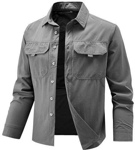 YOSUWOAI - Camicia da uomo per esterni, stile caccia, con bottoni, per il tempo libero, ideale per escursionismo, pesca, trekking, safari, comoda, traspirante, a manica lunga, tinta unita, camicia da