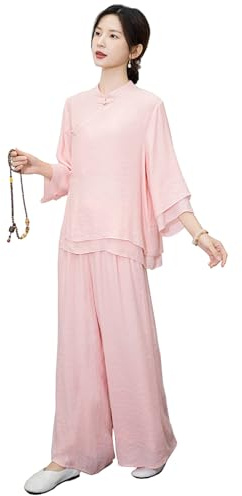 CHUIKUAJ Tai Chi Anzug Damen - Baumwolle und Leinen Meditation Yoga Kleidung Trainingskleidung Kung Fu Kleidung Wushu Anzug Qi Gong Kleidung Kampfsport (Pink, XXL)