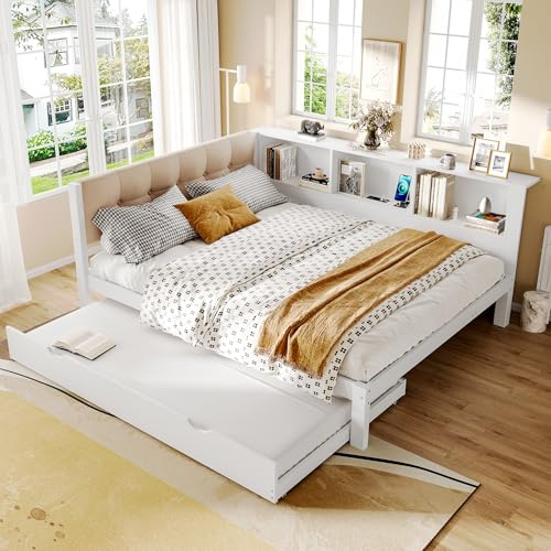 Gxffipw LED Tagesbett Doppelbett 140x200 cm mit Ausziehbett 90x190 cm und USB, Schlafsofa Sofabett mit Gepolstertes Kopfteil, Schlafcouch Holzbett Bettgestell mit Lattenrost, Weiß, Ohne Matratze