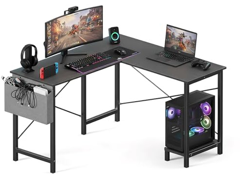 OLIXIS L Shaped Desk, 50-Inch Office Computer Gaming Desks Corner PC Table with Side Bag and Reversible Shelf for Home Work Study Writing Black