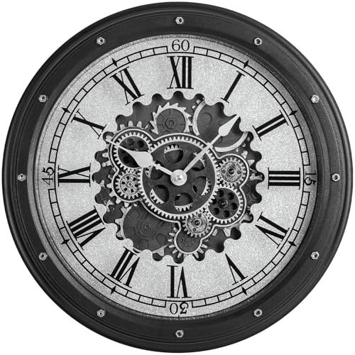 LENAUQ 16 Black Steampunk Style Roman Numerals Wall Clock with Movable Gears Plastic Frame