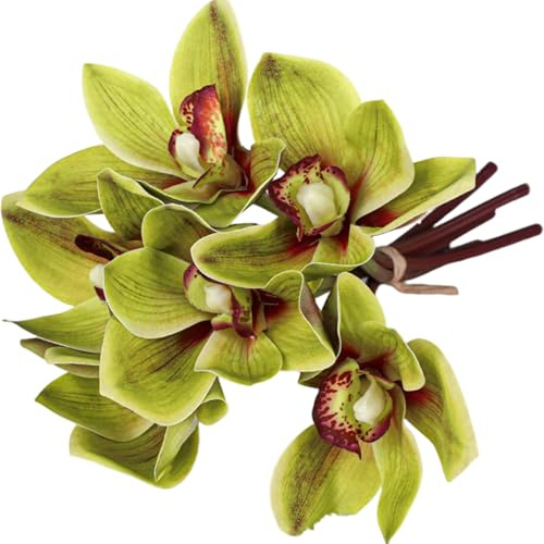 AwnsIMfreien 6 st cymbidium orkidé 25 cm verklighetstrogen grön färg konstgjord orkidé med långa stjälkar gör-det-själv vänliga dekorativa sidenblommor för arrangemang, bröllop, fest, cymbidium