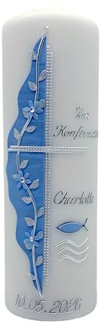 Konfirmationskerze K-95b in vers. Farben inkl. Namen und Datum - auch zur Kommunion (Spruch auf Rückseite möglich)