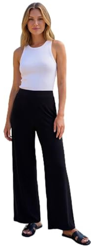 Roman Wide Leg Trousers for Women UK Ladies Palazzo Pants Evening Jersey Elasticated High Waist Smart Flared Culotte Office Work Going Out Loose Crepe Bottoms - Black - Size 12