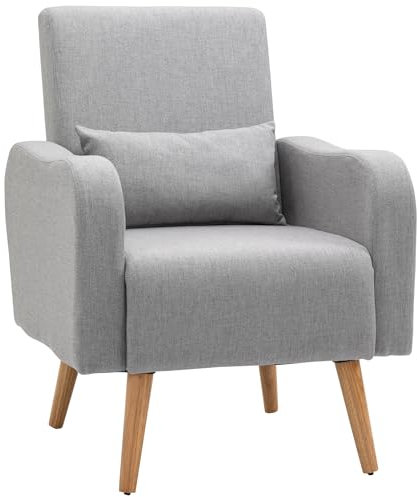 HOMCOM Accent Chair, Linen-Touch Armchair with Pillow, Upholstered Leisure Lounge Sofa for Living Room, Club Chair with Rubber Wooden Frame, Grey
