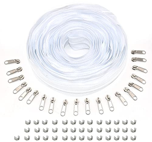 #3 Nylon Coil Zipper 10 Yards White Zipper Roll for Sewing Nylon Coil with 20pcs Silver Sliders and 30pcs Zippers Stops for DIY Sewing Tailor Crafts Bages (White/ 10Yards)