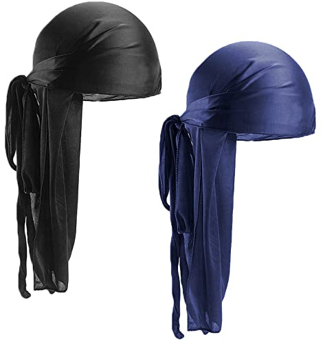 2 Piezas Durag de Seda Gorro de Onda Elástico Envoltura de Cabeza con Cola Larga Correas Anchas Unisex Poliéster Turbante Sedoso Durag de Onda Transpirable Pirata Cap de Hombres Mujeres