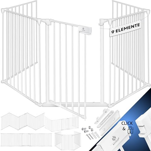 KESSER® Kaminschutzgitter mit Tür 540 cm Metall Ofenschutzgitter Laufgitter Laufstall Absperrgitter Tierschutzgitter Türschutzgitter für Kinder-Sicherung, 9-teilig Elemente (je 60 x 75 cm) Weiß
