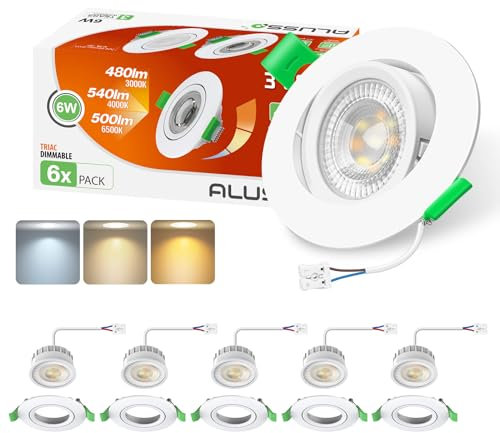 ALUSSO LIGHTING LED Einbaustrahler 230V, 6W 540lm Ø75mm Schwenkbar Einbauspot mit Abnehmbar LED Modul, Dimmbar 3CCT Warmweiß Neutralweiß Kaltweiß, 60°/120° Umschaltbar Abstrahlwinkel, 6er