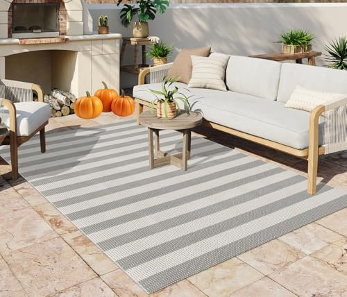 OJIA Outdoor-Teppich, 150 x 200 cm, grau und weiß gestreift, waschbar, für drinnen und draußen, Baumwolle, gewebt, Außenteppich, Bauernhaus, Eingangsteppich, große Fläche für Wohnzimmer, Schlafzimmer,