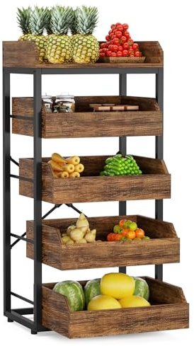LITTLE TREE 5-Tier Wood Fruit Vegetable Storage Basket Stand, Pull-Out Snack Stand Fruit Basket Stand, Utility Shelf Organizer for Kitchen, Living Room, Bedroom, Rustic Brown