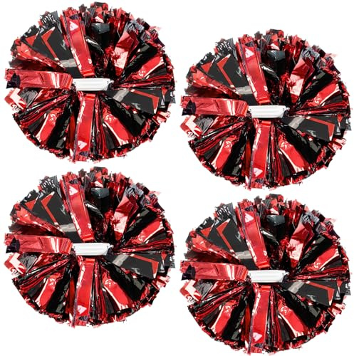 4 Pcs Metallic Cheerleading Pom Poms, ZONITOK Cheerleader Pompoms with Baton Handle, Cheering Squad Pompoms for Kids Adults School Dance Sports Team Spirit Cheering (Black Red)