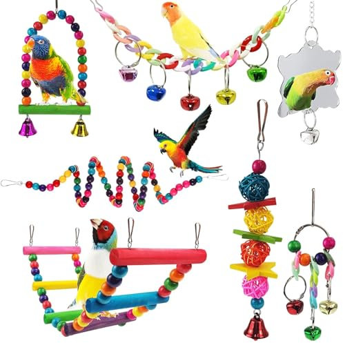 Vueinrg Vogelspielzeug für Vögel,7 Stück Wellensittich Spielzeug Kauspielzeug Vögel Spielzeug Holz Vogelschaukel Kauspielzeug für Wellensittiche, Aras, Nymphensittiche, Papageien, Sittiche, Finken
