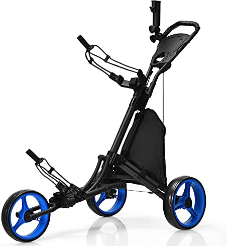 LIFEZEAL Vikbar golftrulle, 3-hjuls golf push vagn med fotbroms, golfvagn med 3 höjdjusterbara positioner, golfkaddy vikbar med paraplyhållare, flaskhållare och väska (blå)