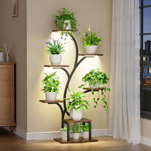 BACEKOLL Support pour plantes d'intérieur avec lampes de croissance, étagère d'intérieur à 7 niveaux, supports d'angle pour plantes d'intérieur, étagères en métal en forme d'arbre pour la maison, la