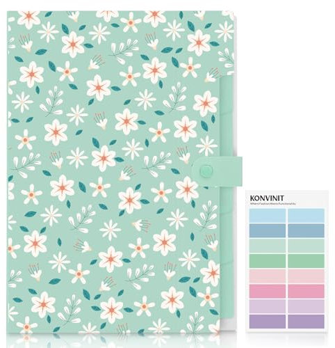 KONVINIT Dokumentenmappe - Fächermappe a4 Document Organizer Mappe mit 5 Fächern Große Kapazität Blumenmuster Sortiermappe mit Farbetiketten Organizer Folder,Aesthetic Schulsachen