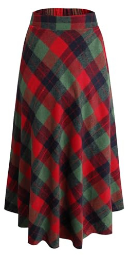 Beeblily kvinnors vintage hög midja rutig ullkjol A-linje elegant lång kjol höst/vinter midi-kjol, A grönt, XXL