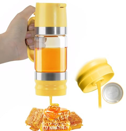 Ecopandy 2PACK 315ML/11oz glass honey pot drizzler, No Drip Honey Maple Syrup Dispenser with Handle, High Borosilicate Glass Clear Honey Jar Pot for Honey, Syrup, Jam, Spices Home Kitchen (1* Yellow)