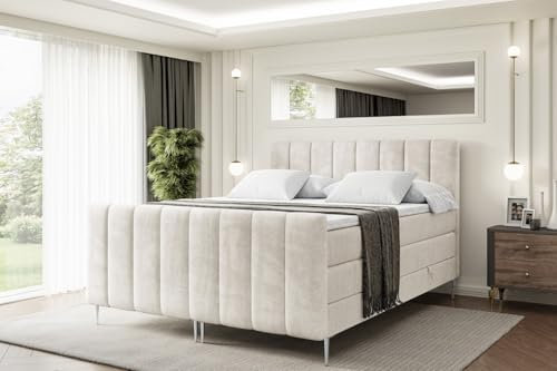 ALTDECOR Boxspringbett mit Silber Füßen, Matratze und Lattenrost, Topper, Fußteil, Polsterbett mit Bettkasten, Bett mit Stauraum H3- und H4- Matratze -OTTA-FS-Z KING-160x200 - Beige Monolith