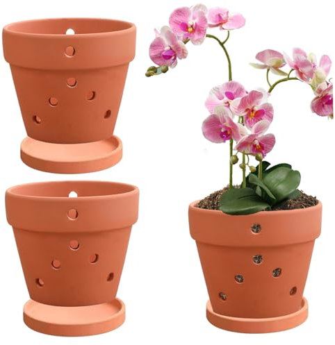Lot de 3 pots à orchidée en terre cuite de 10,2 cm avec soucoupes, parfaits pour rempoter de petites orchidées en terre cuite pour décoration d'intérieur