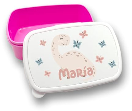 VPM Original. Fiambrera Infantil personalizada con nombre. Niños, niñas y bebes. Regalos personalizados. Apta para consumo alimentario. Libre de BPA. Vuelta al cole. Dinosaurios.
