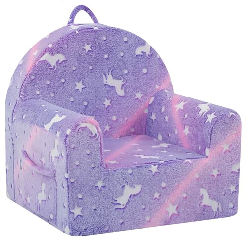 MeMoreCool Kids Sofa Couch, Soft Plush Toddler Chair Comfy Baby Armchair | Glow in The Dark Toddler Sofa for Boys Girls Age 1-3, Foam Kids Couch for Bedroom Décor, Purple Unicorn