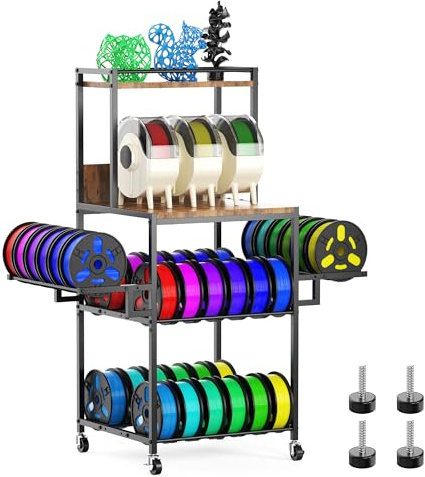 Wenfubrixa 3D Printer Table with Filament Storage, Rolling Printer Stand with Wheels for Desk, Sturdy Metal & Wood Filament Shelf Rack Spool Holder Cart for Workshop Studio Office (3 Tier)